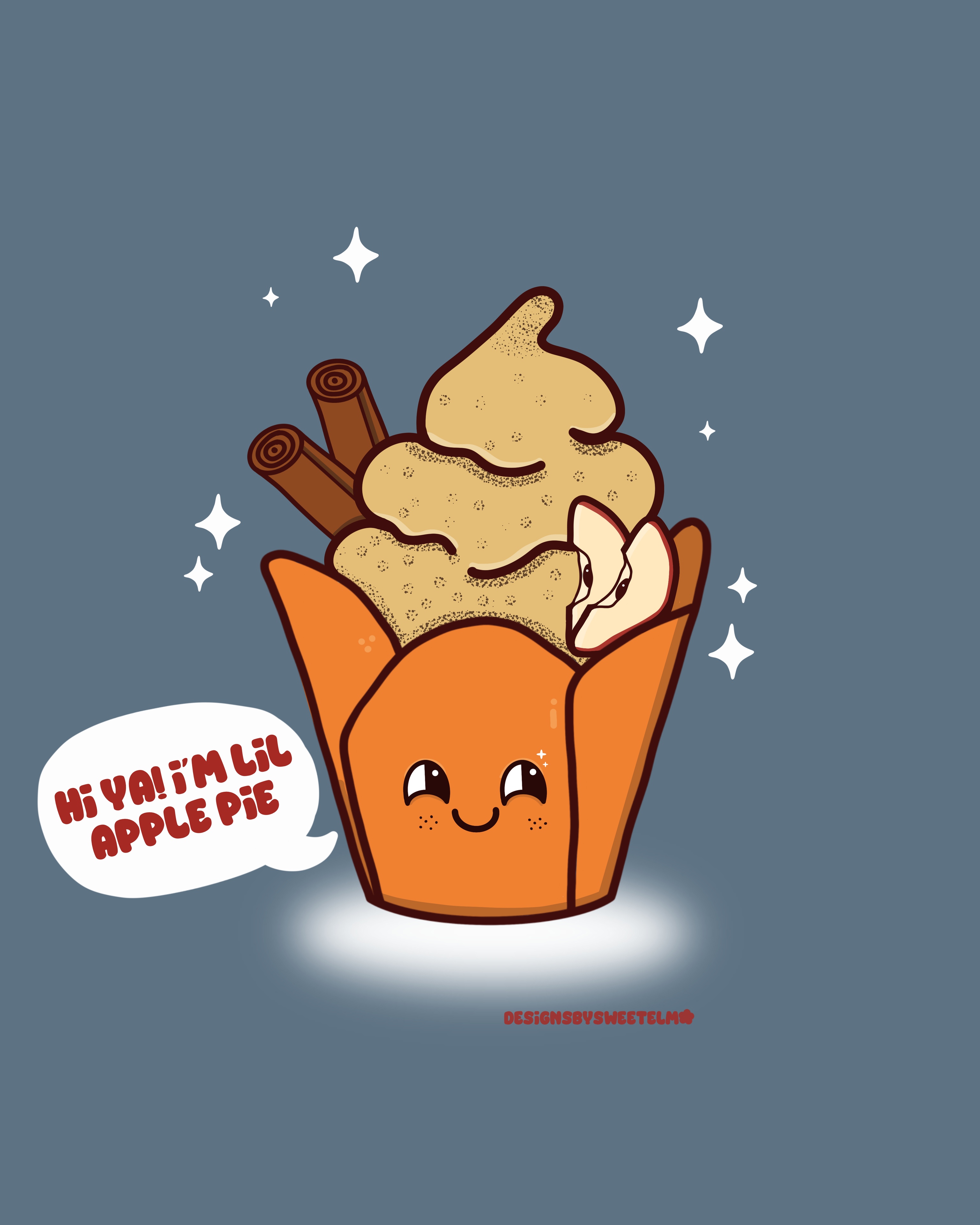 Lil Apple Pie — a kawaii cupcake character with cinnamon-dusted frosting and an apple slice, by Designs by Sweet ELM