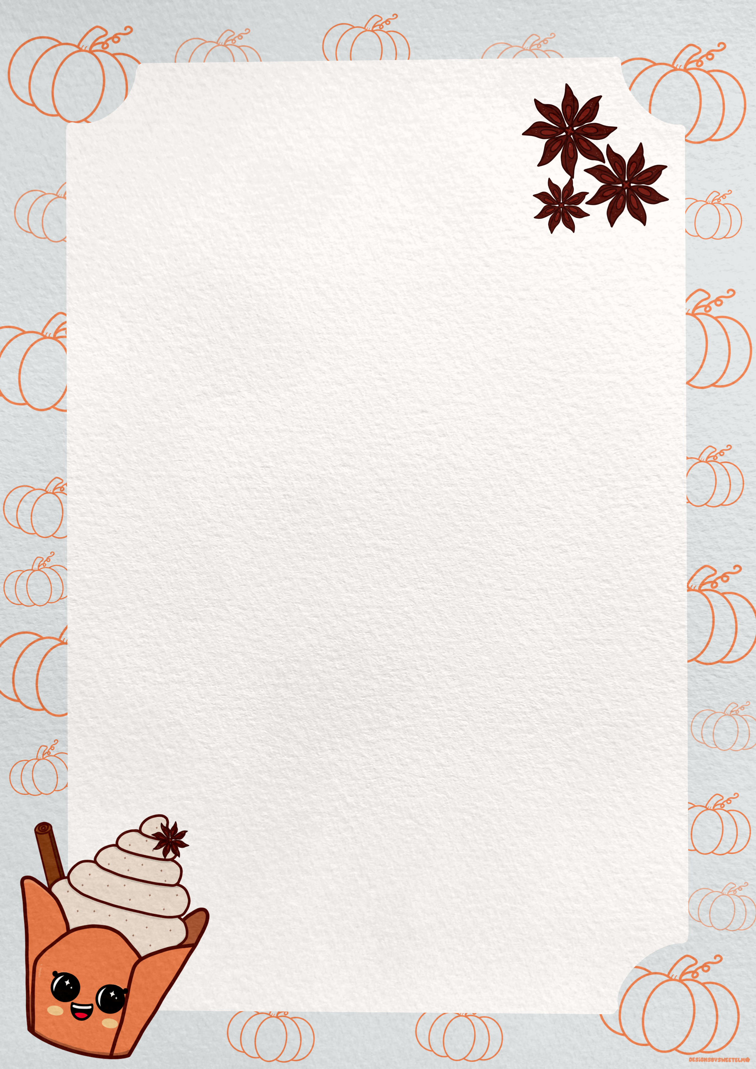 Cozy pumpkin spice kawaii notepad digital download featuring Ms. Pumpkin Spiced character, by Designs by Sweet ELM