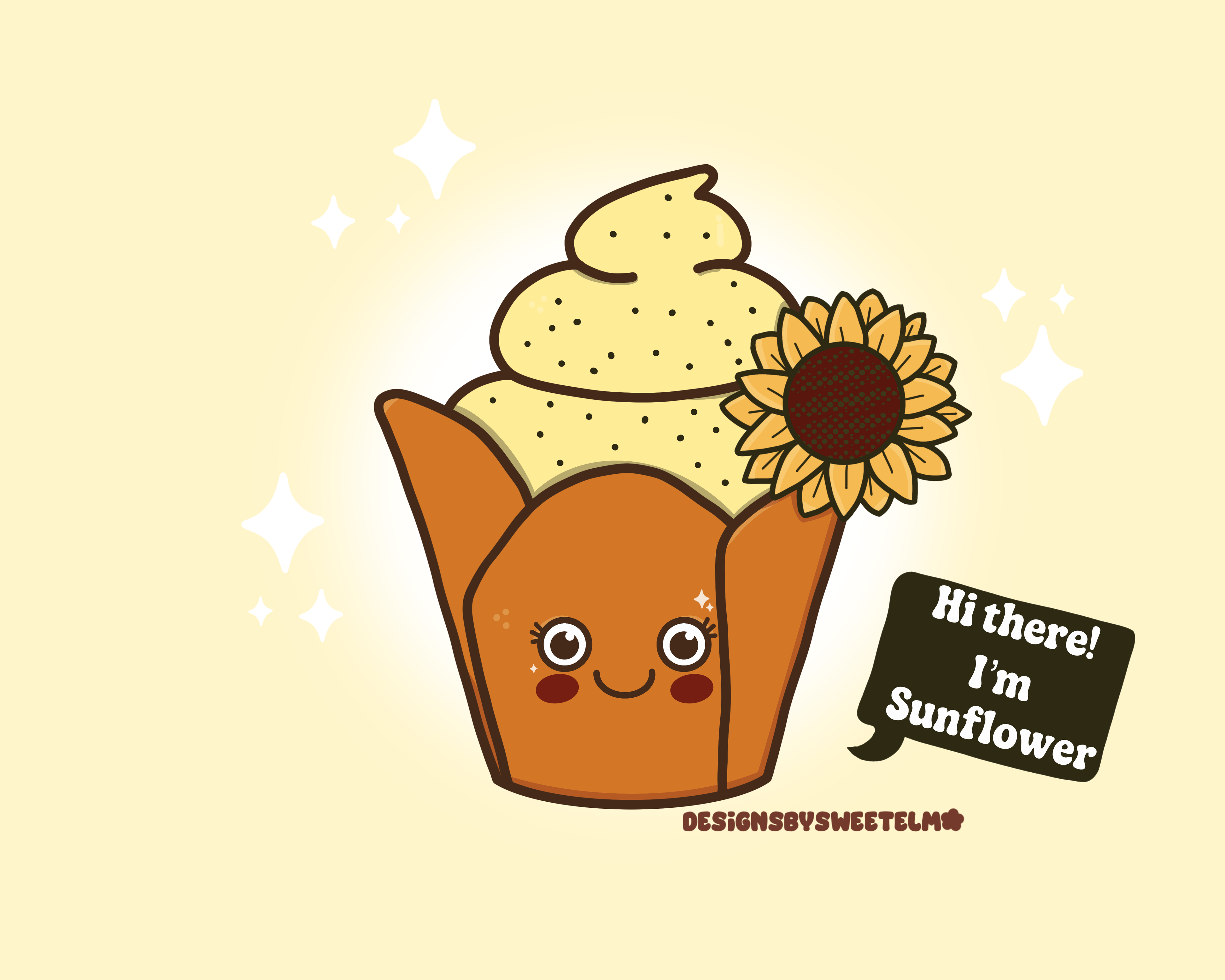 Sunflower — a kawaii cupcake character with golden frosting and a sunflower tucked in, by Designs by Sweet ELM