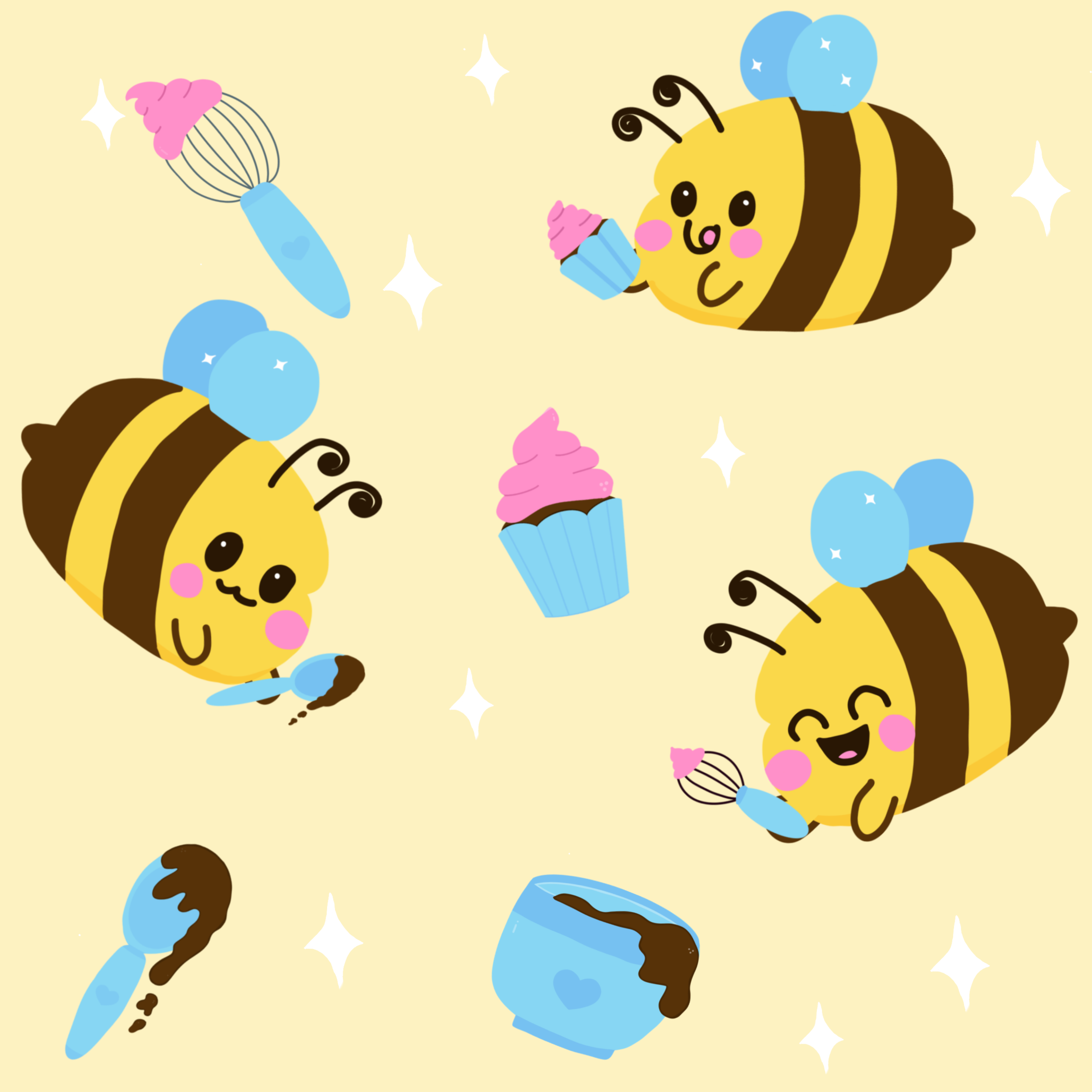 Bakery Bees seamless pattern on a tea towel mockup — kawaii bees with cupcakes and whisks on a butter yellow background