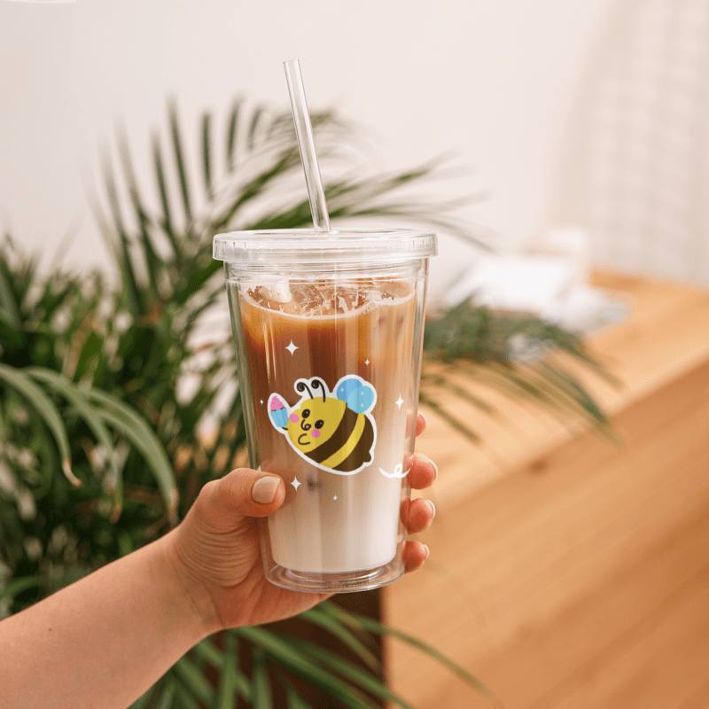 Tumbler with a kawaii Bakery Bee sticker — one of the first products featuring the new Bakery Bees design